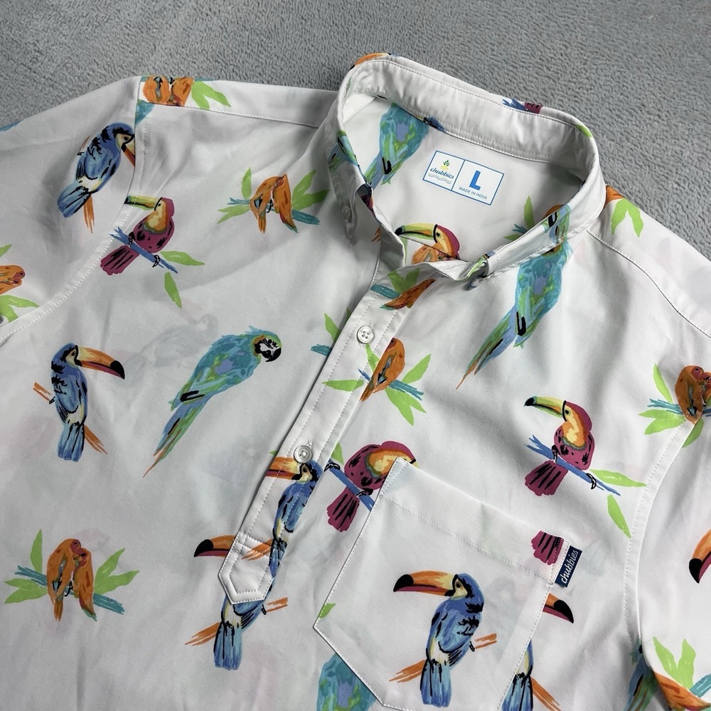 Chubbies The Dude Where's Macaw Performance Polo Shirt Men's L AOP Golf Casual